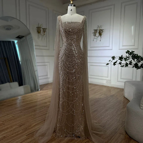 Robe de soirée sirène turquoise saoudienne 2025, avec manches cape perlées et perles, pour une occasion formelle, LA72590A 