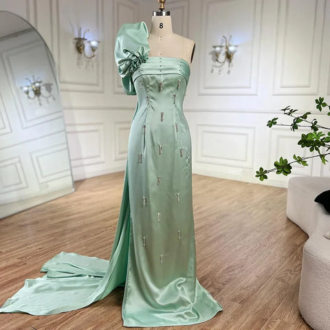 Robe de soirée de luxe à une épaule vert sauge avec cape et cristaux, style Dubaï, pour mariage, LA72412 