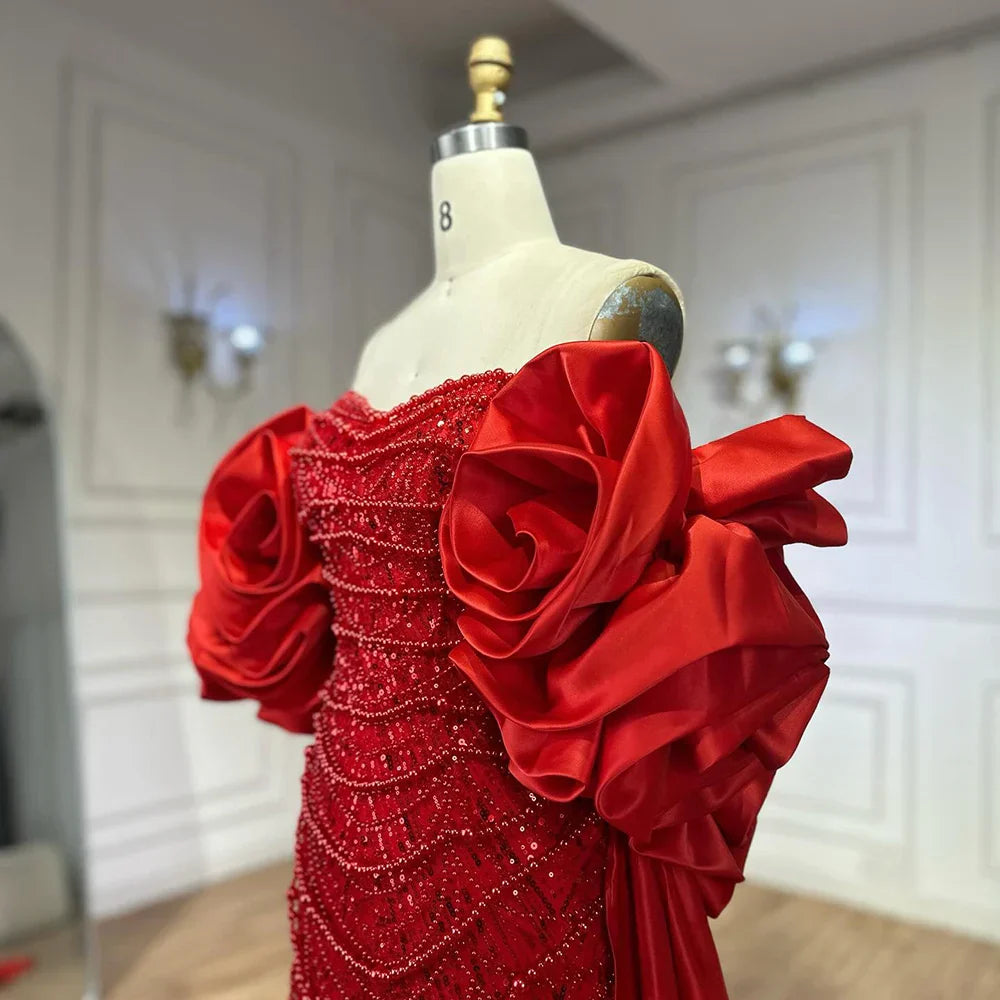 Red Long Cape Pearls Beaded Mermaid Evening Dresses Gowns For Formal Occasion 2025 LA72585A