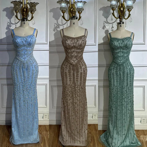 Robe de soirée sirène bleu arabe à bretelles spaghetti, luxueuse robe de soirée saoudienne perlée pour une occasion formelle, LA72725 
