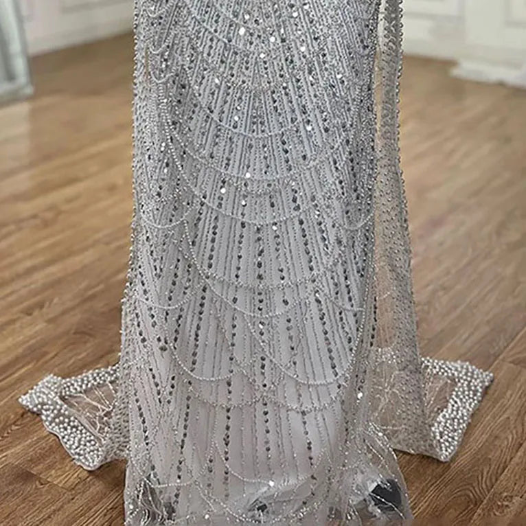 Vestido de noche de sirena color turquesa de Arabia Saudita, con mangas tipo capa con perlas y cuentas, ideal para ocasiones formales (LA72590A) 