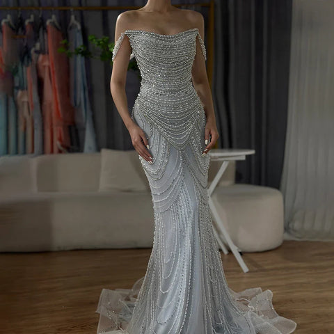 Luxury Crystal Silver Nude Mermaid Dubai Evening Dresses LA72253