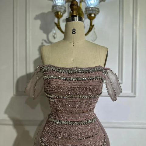 Vestido de noche de sirena rosa árabe con cuentas y sobrefalda de satén desmontable para ocasiones formales LA72781 