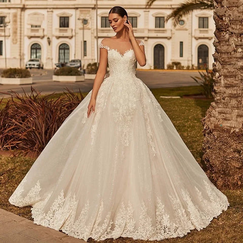 Vestidos De Novia con espalda descubierta y apliques, Vestido De Noiva con manga casquillo, Vestidos De Novia De encaje