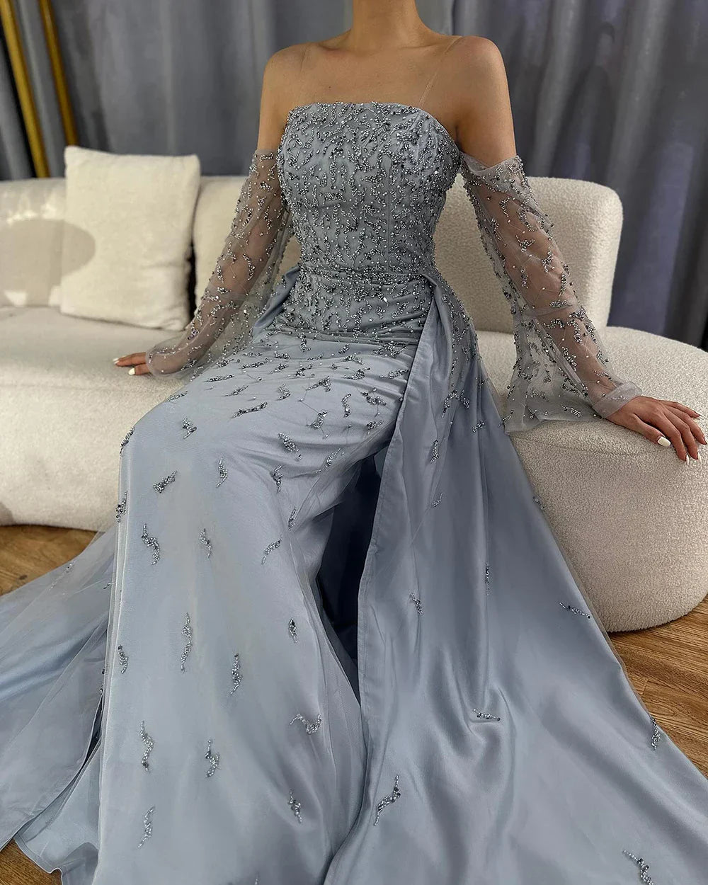 Vestido de noche árabe gris plata para mujer, ideal para bodas, fiestas y graduaciones (LA72705)