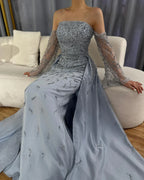 Vestido de noche árabe gris plata para mujer, ideal para bodas, fiestas y graduaciones (LA72705)