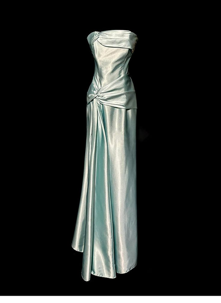 Elegante vestido largo de fiesta de satén sin tirantes color verde salvia Y8561