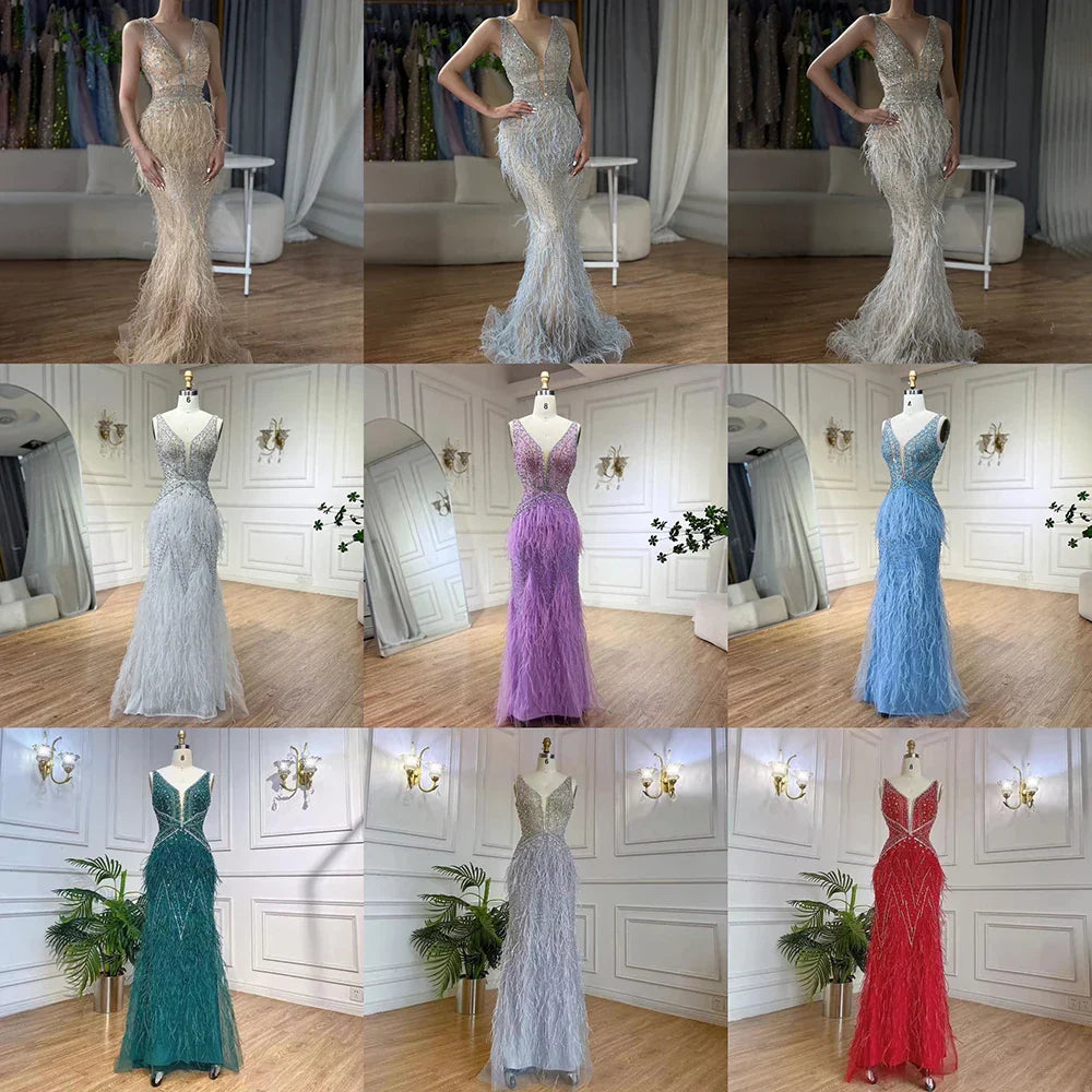 Vestido de noche elegante estilo sirena azul árabe con capa, lujoso, con cuentas y plumas, estilo Dubái, para mujer, ideal para fiestas (LA71583B). 
