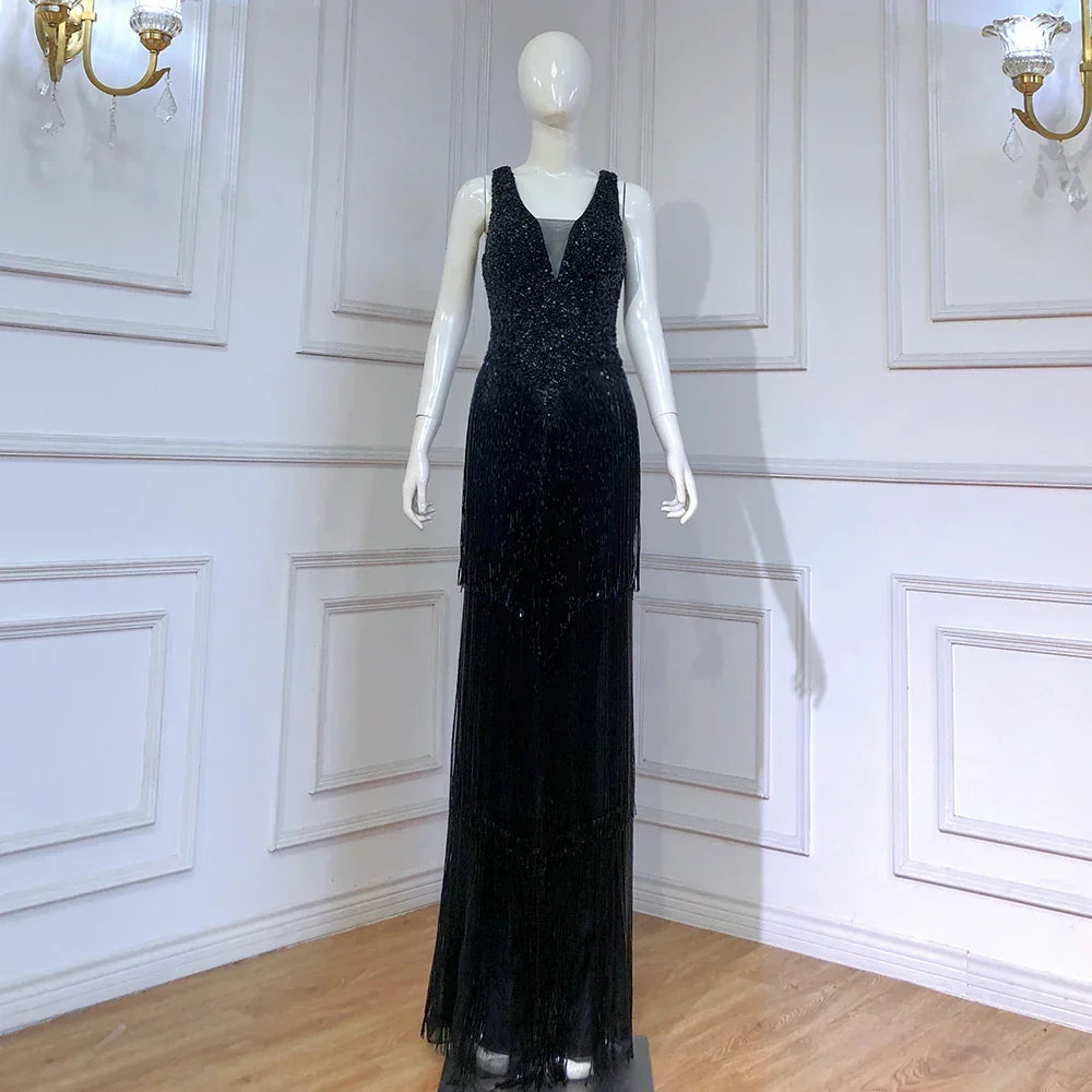 Dubai Design Silver Sexy Deep-V Evening Dress Sequined LA6674