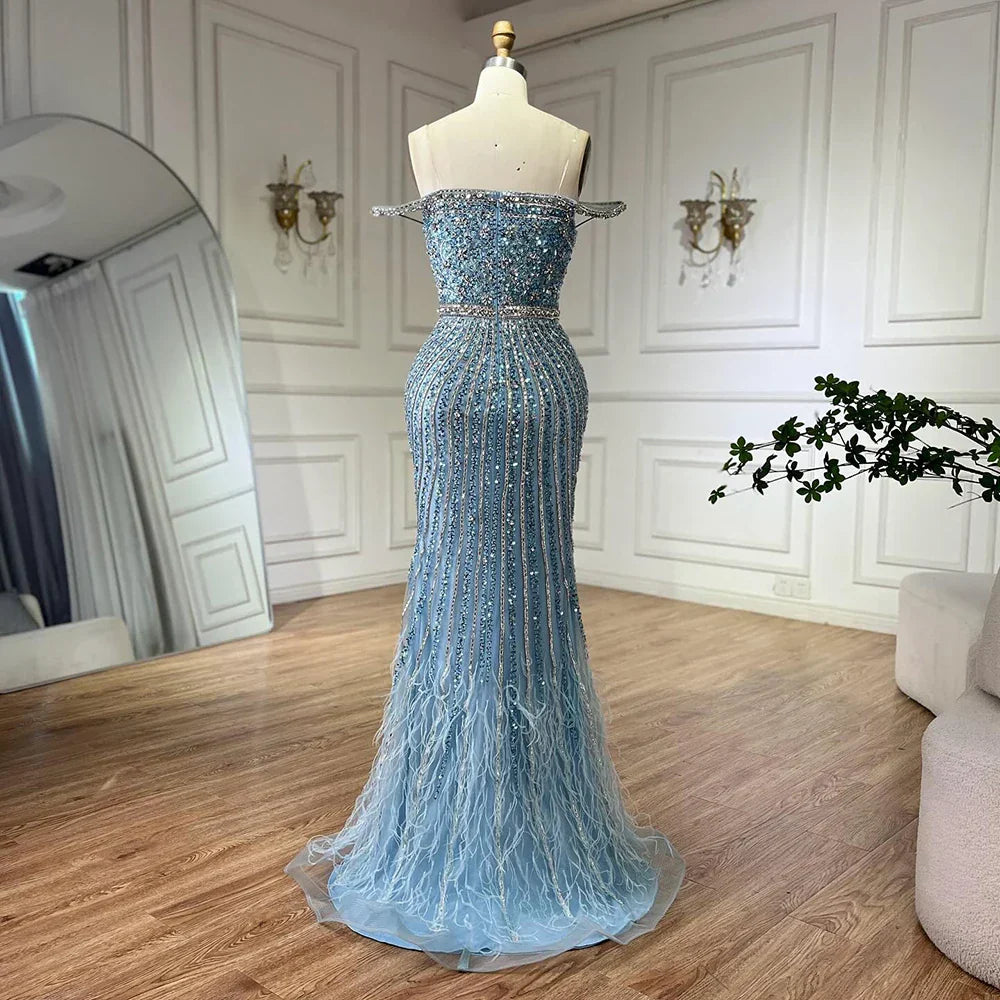 Vestido de noche de lujo saudí con tirantes finos color caramelo, estilo sirena, con plumas y cuentas, ideal para ocasiones formales (LA72715) 