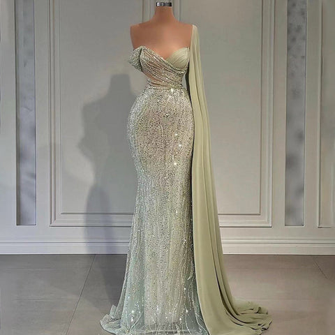 Mint Mermaid Luxury Evening Dresses Gowns 2025 Elegant Beaded One Shoulder For Women Party LA71638