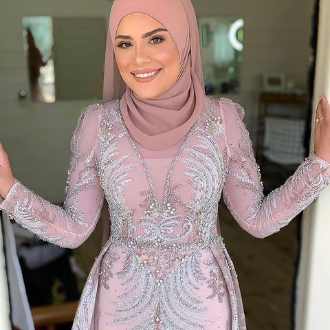Moslim Roze Overrok Mermaid Avond Jurken 2025 Luxe Kralen Mermaid Voor Vrouw Party LA71572