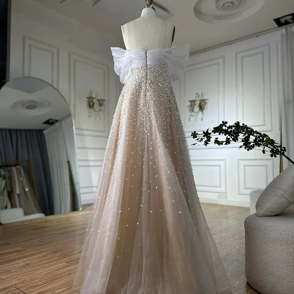 Vestido de noche largo, elegante, corte A, azul árabe, con hombros descubiertos y cuentas, ideal para ocasiones formales (LA72009A)