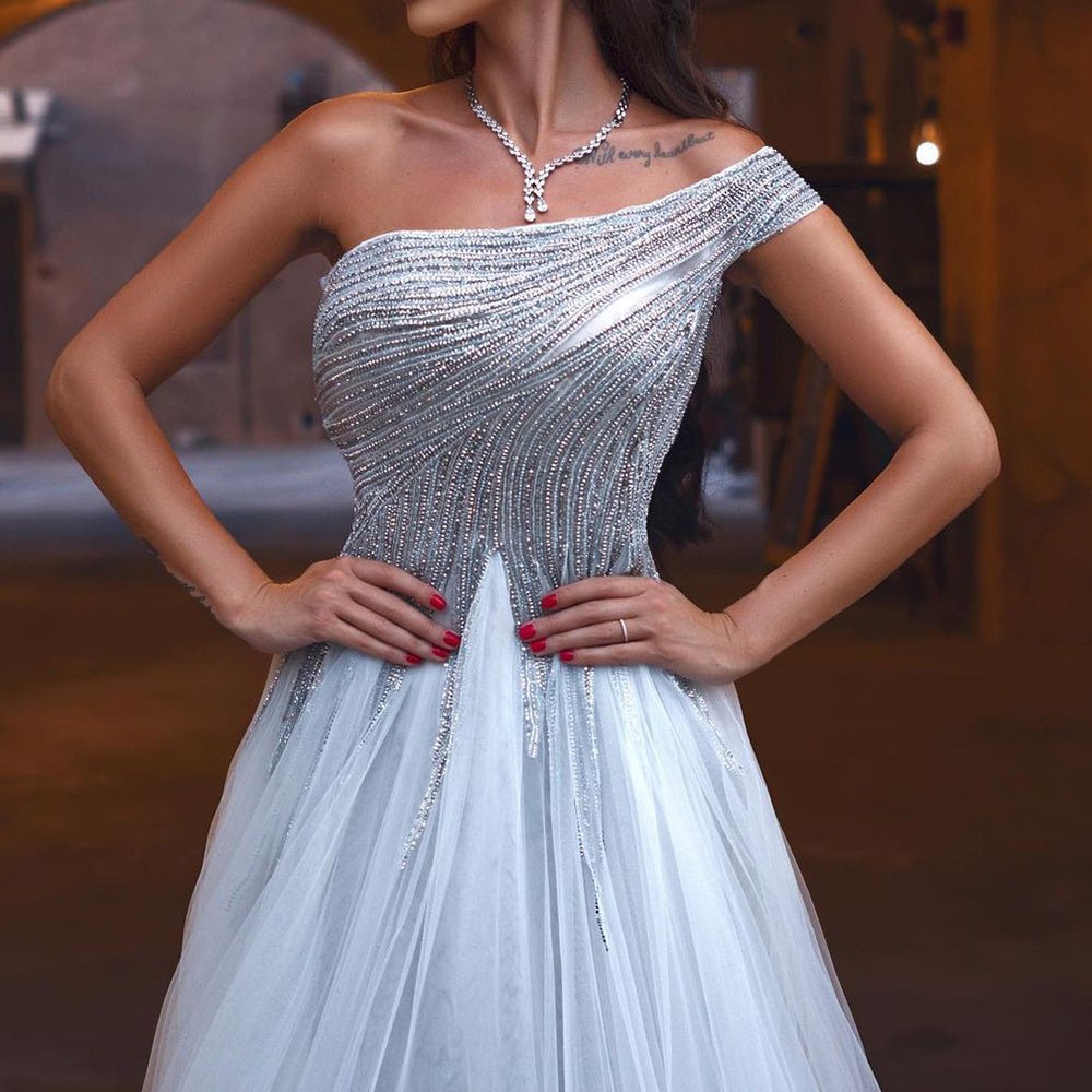 Silver A-Line One-Shoulder Evening Dresses Gowns 2025 Luxury Beaded For Women Party LA71672