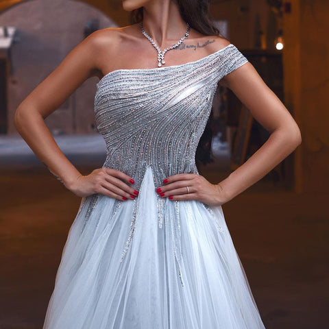 Vestidos de noche plateados de corte A con un solo hombro, 2025, de lujo, con cuentas, para mujer, fiesta, LA71672 