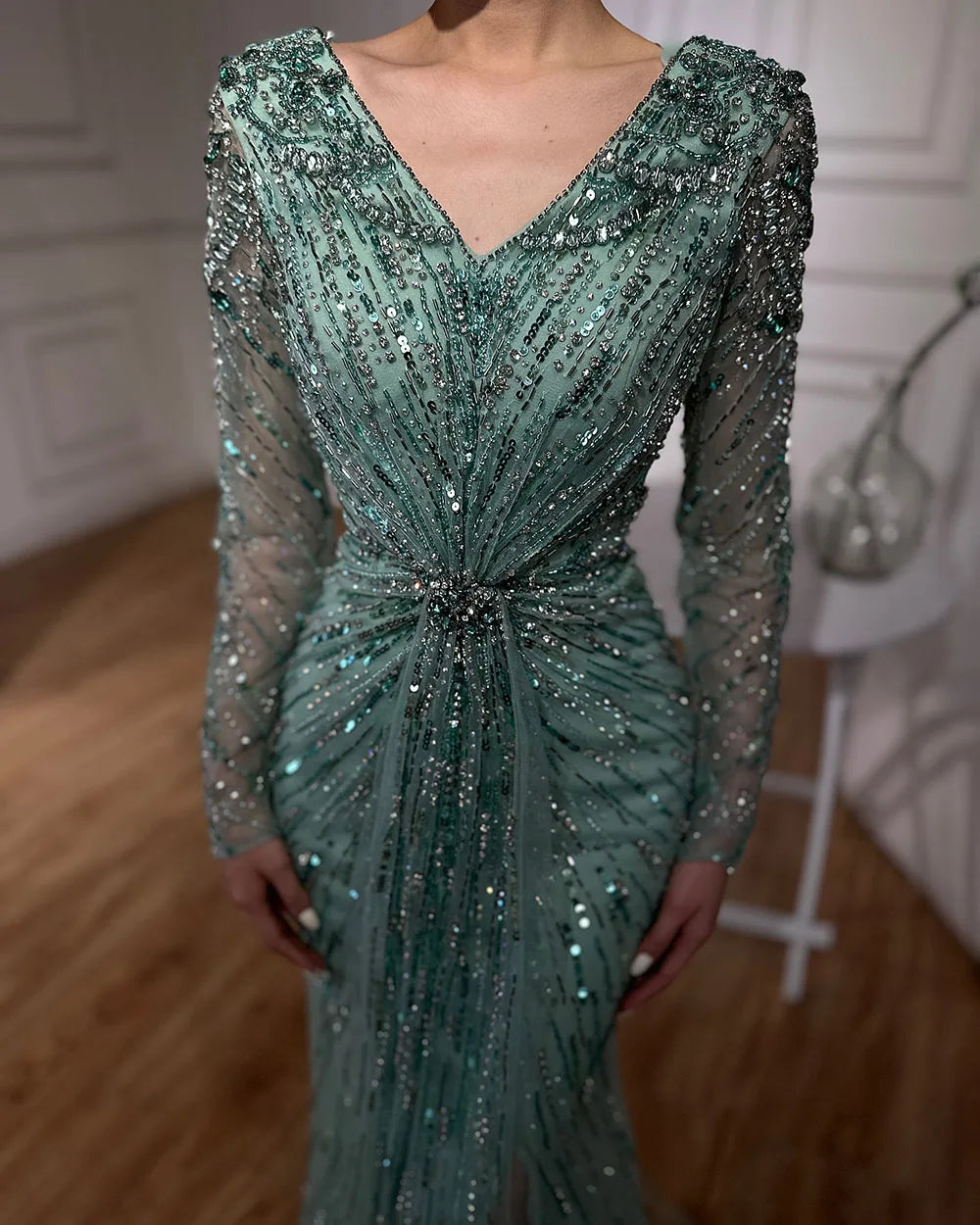 Arabic Turquoise Elegant Mermaid Beaded Open Split Evening Dresses Gowns 2025 For Women Wedding Party LA72007
