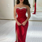Vestido de noche de lujo estilo sirena, sin tirantes, con cuentas, color rojo vino árabe, modelo LA72673, ideal para fiestas femeninas. 
