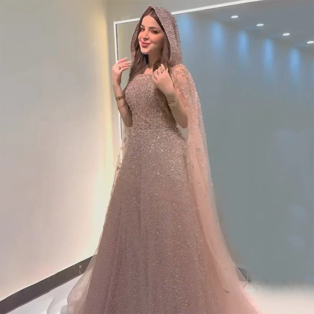 Vestido de noche turquesa saudí 2025 con vestido de cuentas y elegante capa con capucha para ocasiones formales LA72659A 