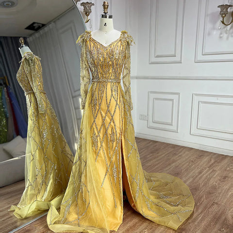 Muslim Gold Mermaid  With Overskirt Beaded Luxury Dubai Evening Dresses Gowns 2025 For Women Wedding Party LA72211