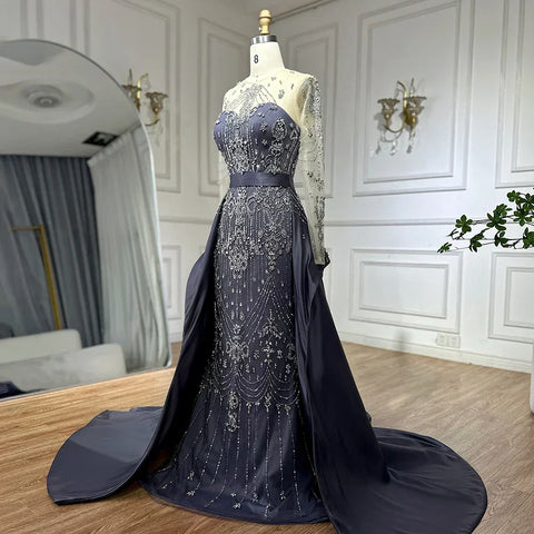 Vestidos de noche de lujo azules con cuentas, de manga larga y sobrefalda LA72757