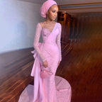 Pink Arabic Mermaid Elegant With Skirt Evening Dresses Gowns Luxury Pearls Beaded 2025 For Women Party LA71746