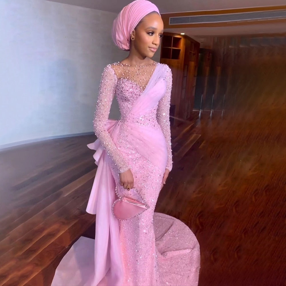 Pink Arabic Mermaid Elegant With Skirt Evening Dresses Gowns Luxury Pearls Beaded 2025 For Women Party LA71746