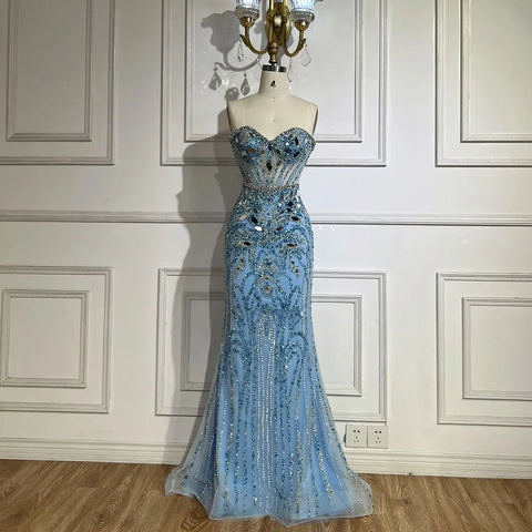 Arabic Blue Elegant Strapless Mermaid Beaded Luxury Dubai Evening Dresses Gowns 2025 for Women's Party LA72328