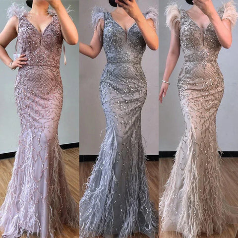 Champagne Luxury V-Neck Sexy Mermaid Evening Dresses 2025 Diamond Feathers Sleeveless Formal Dress LA70350