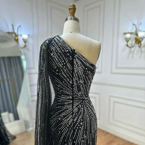Robe de soirée sirène noire saoudienne à une épaule et fente haute, avec perles, pour une occasion formelle, LA72829, 2025 