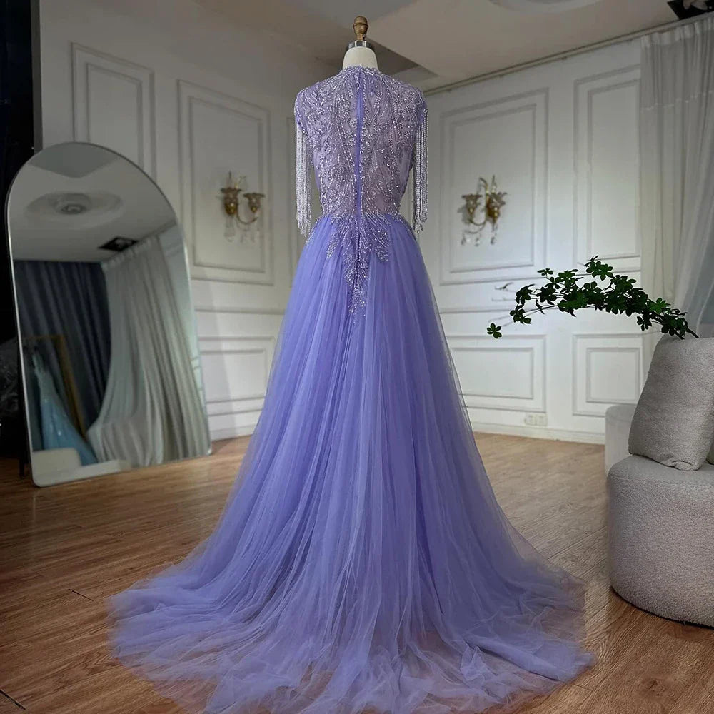 Vestido de noche de lujo de Dubái, corte en A, elegante, color lila árabe, con borlas y cuentas, modelo LA72422 (2025). 