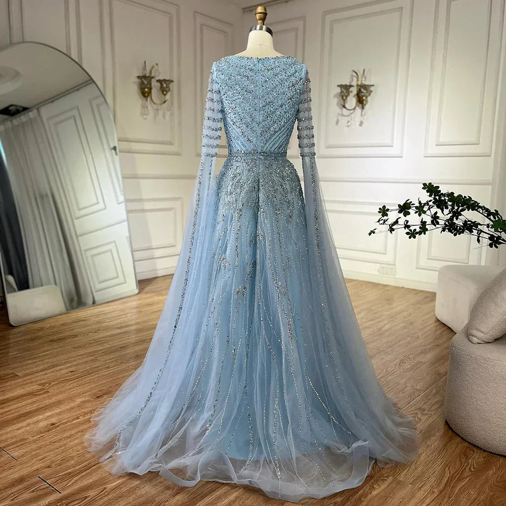 Vestidos de noche largos, elegantes, de corte A, color caramelo árabe, con cuentas y mangas tipo capa para ocasiones formales LA72750 