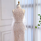 Luxury Lace Pearls Halter Mermaid Evening Dress With Glove White Nude LA72345F