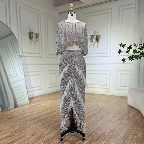 Luxury Dubai White Feathers Two Pieces Evening Dresses LA72098