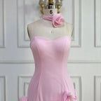 Elegant Evening Dress for Girls Arabic Pink 3D Flowers Elegant Srapless Dress Side Split Prom Party Gowns LA72568