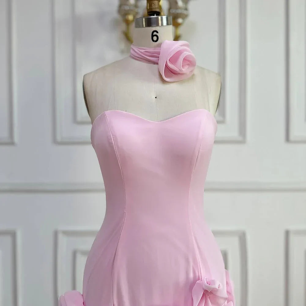 Elegant Evening Dress for Girls Arabic Pink 3D Flowers Elegant Srapless Dress Side Split Prom Party Gowns LA72568