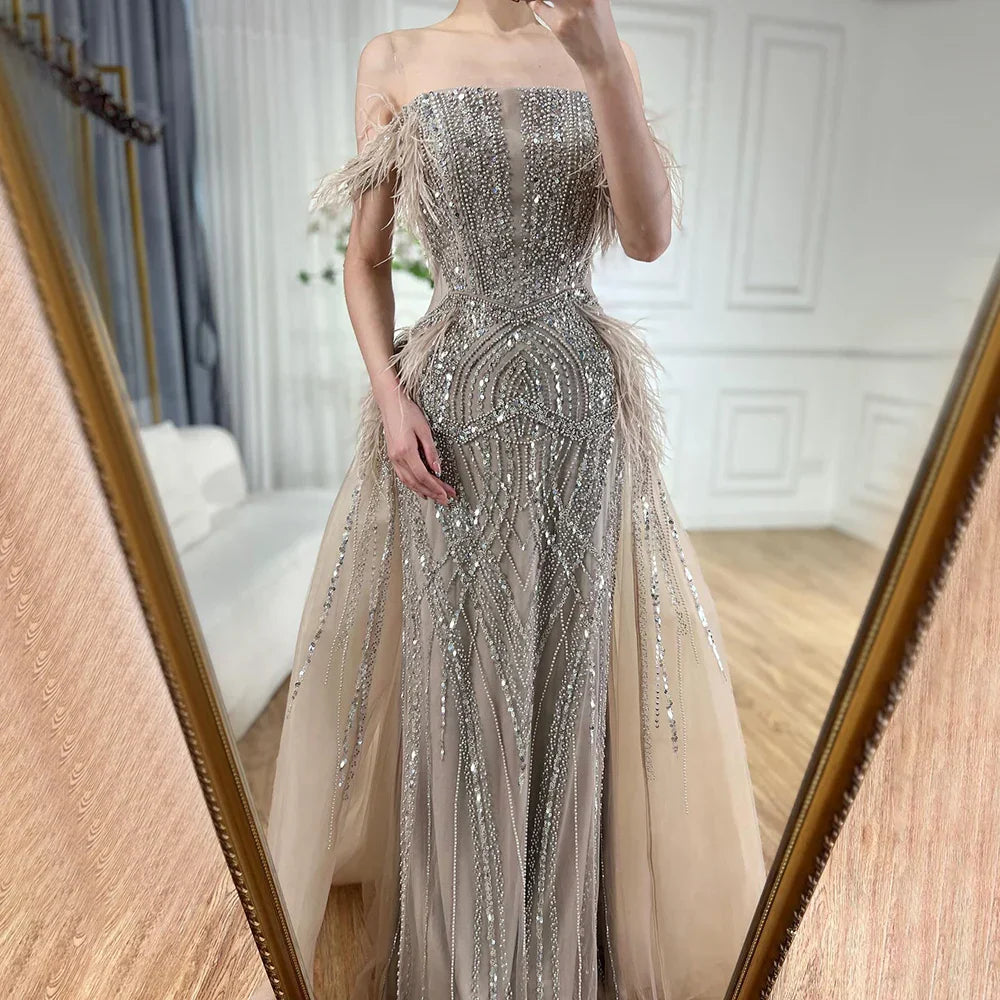 Vestido de noche azul sirena 2025, lujoso, con plumas y cuentas, estilo saudí, con sobrefalda para ocasiones formales LA72727 