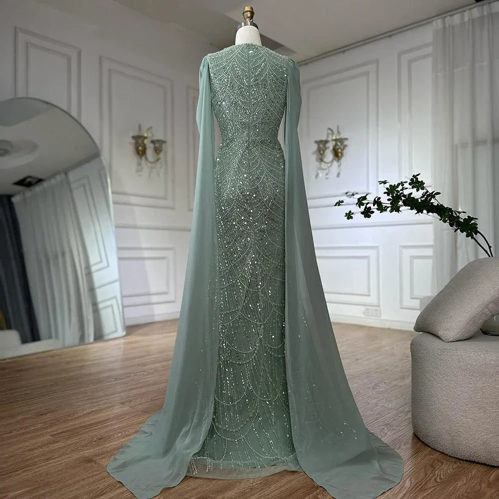 Vestido de noche de lujo con mangas de capa, estilo sirena azul, con cuentas, para ocasiones formales (LA72160A), Arabia Saudita, 2025 