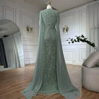 Vestido de noche de lujo con mangas de capa, estilo sirena azul, con cuentas, para ocasiones formales (LA72160A), Arabia Saudita, 2025 
