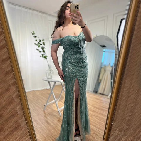 Green Luxury Mermaid Evening Dresses Gowns 2025 Cap Sleeves Beaded Elegant For Women Party LA71438
