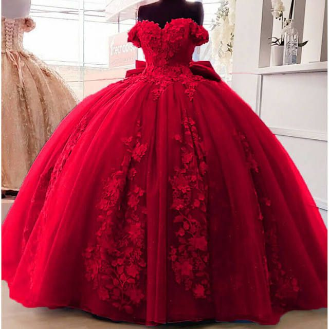 Vestido de quinceañera con apliques de encaje floral y lazo grande, hombros descubiertos, vestido de baile para dulces 16 años Y4263