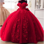 Vestido de quinceañera con apliques de encaje floral y lazo grande, hombros descubiertos, vestido de baile para dulces 16 años Y4263