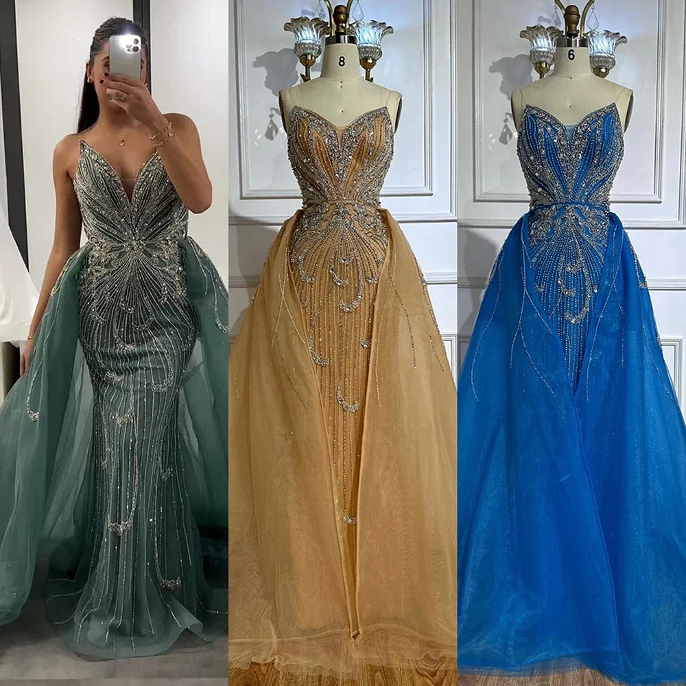 Vestido de noche corte sirena sin tirantes color turquesa, estilo saudí, con sobrefalda para ocasiones formales LA72880 (modelo 2025) 