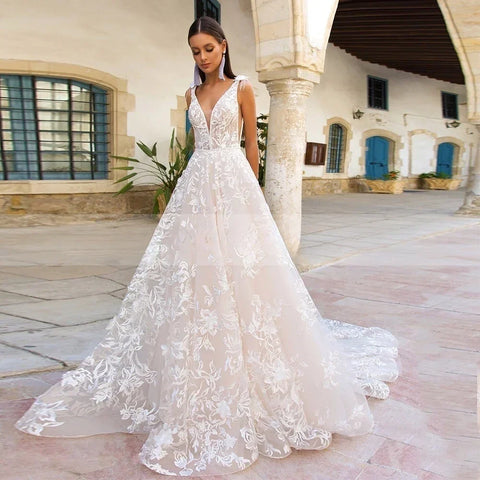 Precioso Vestido De Novia De encaje con apliques De tul con cuello en V, Vestido De Novia con espalda abierta, Vestido De princesa De Noiva