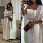 Vestido de noche árabe blanco de satén estilo sirena con capa larga para ocasiones formales LA72825 