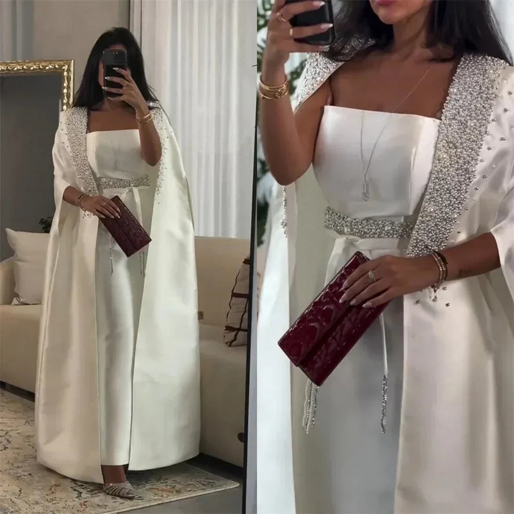 Vestido de noche árabe blanco de satén estilo sirena con capa larga para ocasiones formales LA72825 