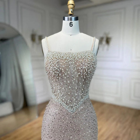 Vestido de noche sirena color piel: elegante y lujoso, con cuentas de perlas. Perfecto para la fiesta de bodas de 2025. LA72321