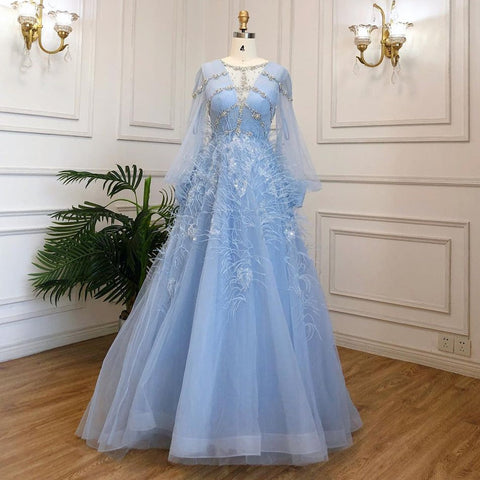 Blue A-Line Luxury Evening Dresses Gowns Long 2025 Beaded Feather For Women Party LA71495