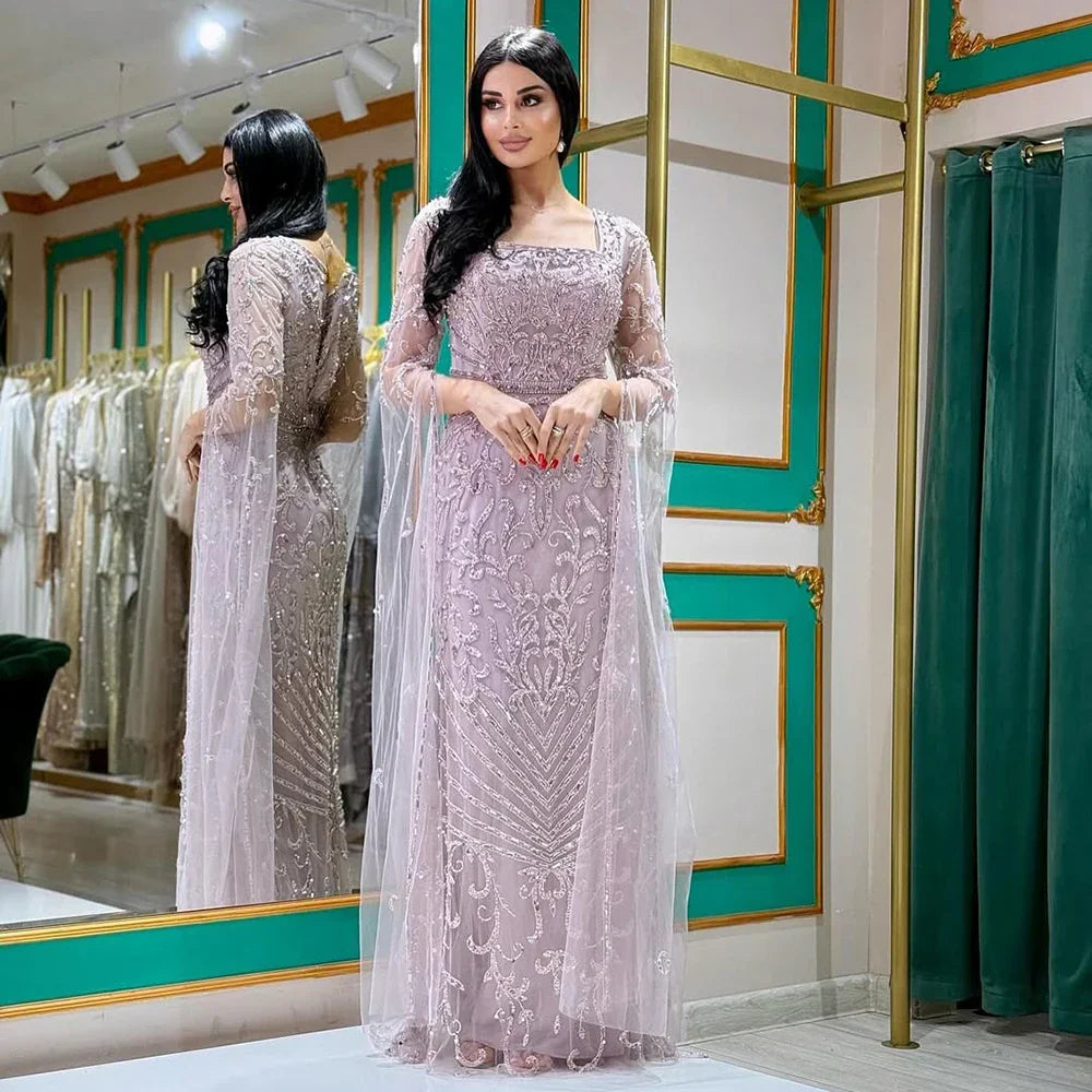 Vestido largo de noche estilo sirena color caramelo árabe 2025 con mangas tipo capa con cuentas | Vestido para bodas y fiestas de mujeres LA72400A 
