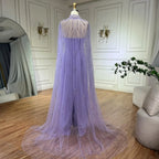 Lilac Strapless Evening Dress with Beaded Long Cape Gown LA72828