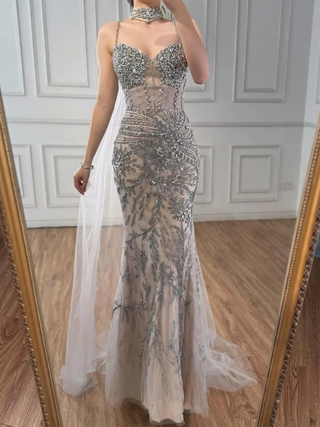 Luxury Evening Dress Grey Beaded With Cape LA73342
